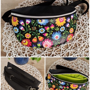 Mia crossbody, fekete népi virágos motívum övtáska - táska & tok - övtáska - Meska.hu