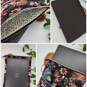 Cipzáros tároló - Laptoptartó, barna, szürke virágos - táska & tok - kézitáska & válltáska - belső rendező - Meska.hu