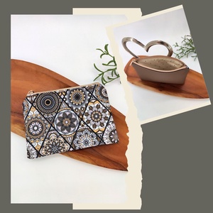 Mini cipzáros tároló - petrolkék gyöngyös, barna mozaik, bronz buborék minta - táska & tok - neszesszer - Meska.hu