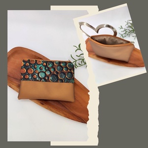 Mini cipzáros tároló - petrolkék gyöngyös, barna mozaik, bronz buborék minta - táska & tok - neszesszer - Meska.hu