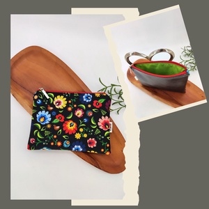 Mini cipzáros tároló -Mustár kislány, színes mozaik, népi virágospiros cipzár - táska & tok - neszesszer - Meska.hu