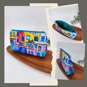 Cipzáros tároló, neszesszer-Föld színei minta, Hátikós minta, Mályva alapon geometriai minta - táska & tok - neszesszer - Meska.hu