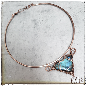 Kék labradorit nyakék vörösréz drótékszer, Ékszer, Nyaklánc, Statement nyaklánc, Ékszerkészítés, Fémmegmunkálás, MESKA