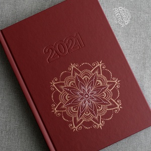 Rosegold+rózsaszín mandala mintás bordó határidőnapló, A/5-ös, napi beosztású, szabadkézzel festett egyedi napló - Meska.hu