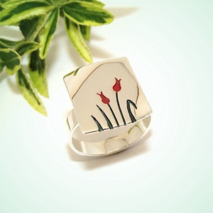 Piros tulipános hullámos négyzet, női ezüst gyűrű, 59-es méret (ETK.20), Ékszer, Gyűrű, Statement gyűrű, Ékszerkészítés, Ötvös, MESKA