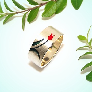 Piros tulipános, mattírozott, női ezüst gyűrű, 55-ös méret (ETK.21.M55) - Meska.hu