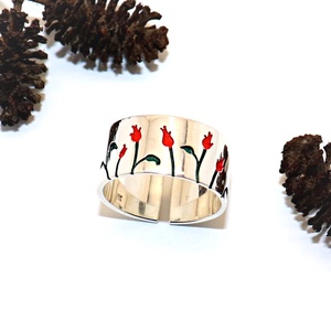 Piros rózsás széles karika, női ezüst gyűrű, 60-as méret, állítható (EGY.227), Ékszer, Gyűrű, Kerek gyűrű, Ékszerkészítés, Ötvös, MESKA