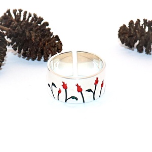 Piros rózsás széles karika, női ezüst gyűrű, 60-as méret, állítható (EGY.227) - ékszer - gyűrű - kerek gyűrű - Meska.hu