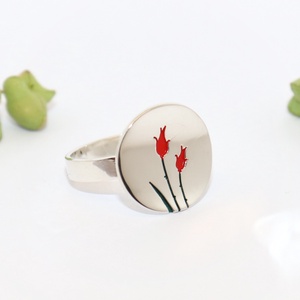 Piros rózsás, kerek, női ezüst gyűrű, 60-as méret, állítható (EGY.235) - Meska.hu