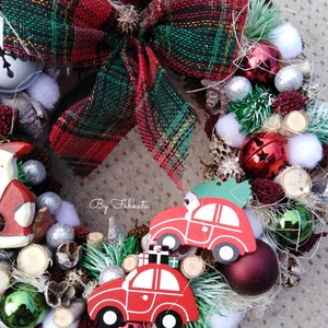 Autós adventi karácsonyi ajtódísz kopogtató 24cm koszorú  - karácsony - adventi díszek - adventi ajtódísz - Meska.hu