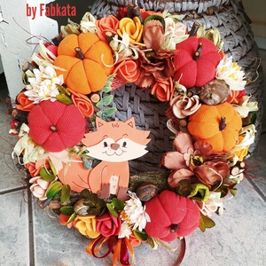 Őszi rókás virágos ajtódísz 24cm kopogtató , Otthon & Életmód, Dekoráció, Halloween, Halloweeni ajtódíszek és ablakdíszek, Virágkötés, MESKA
