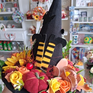 Őszi színes boszorkány kalap asztaldísz  - otthon & életmód - dekoráció - halloween - halloweeni asztaldísz - Meska.hu