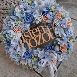 Kék csupa virágos ajtódísz 24, Otthon & Életmód, Dekoráció, Ajtó- és ablak dekoráció, Ajtódísz & Kopogtató, Virágkötés, MESKA