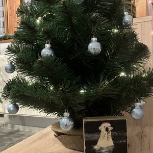 Mini fa dekoráció / Jegesmedve télapó sapkában, Karácsony, Karácsonyi lakásdekoráció, Karácsonyi lakásdíszek, Decoupage, transzfer és szalvétatechnika, MESKA