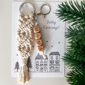 MAMA feliratos makramé kulcstartó adventi képeslappal, különleges karácsonyi ajándék nagymamáknak, Táska & Tok, Kulcstartó & Táskadísz, Kulcstartó, Csomózás, MESKA