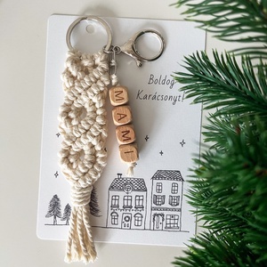 MAMI feliratos makramé kulcstartó adventi képeslappal, különleges karácsonyi ajándék nagymamáknak, Táska & Tok, Kulcstartó & Táskadísz, Kulcstartó, Csomózás, MESKA