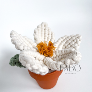 Fehér-sárga színű makramé virág dísz igazi agyagcserépben - Meska.hu