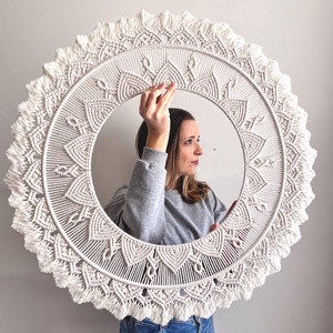 80 cm-es makramé óriás mandala falidísz, natúr fehér színű egyedi dekoráció - otthon & életmód - dekoráció - fali és függő dekoráció - falra akasztható dekor - Meska.hu