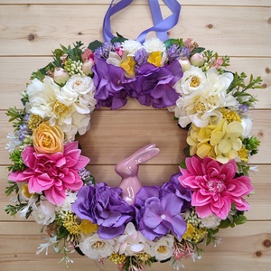 Húsvéti nyuszis ajtódísz - Lila és rózsaszín színben - 34 cm - Meska.hu