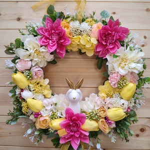 Húsvéti nyuszis ajtódísz - Sárga és rózsaszín színben - 34 cm - Meska.hu