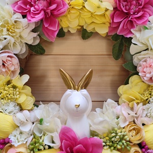 Húsvéti nyuszis ajtódísz - Sárga és rózsaszín színben - 34 cm - otthon & életmód - húsvéti díszek és dekorációk - húsvéti ajtódísz, kopogtató - Meska.hu