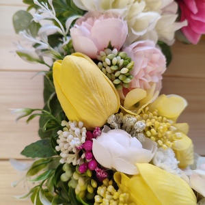 Húsvéti nyuszis ajtódísz - Sárga és rózsaszín színben - 34 cm - otthon & életmód - húsvéti díszek és dekorációk - húsvéti ajtódísz, kopogtató - Meska.hu