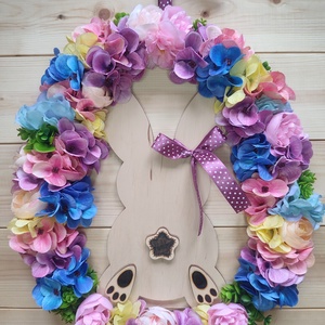 Húsvéti nyuszipopós ajtódísz - Lila és rózsaszín színben , Ünnepi díszek, dekorációk, Húsvéti díszek és dekorációk, Húsvéti ajtódísz, kopogtató, , MESKA