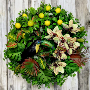 Kopogtató tukánnal és orchideával , Otthon & Életmód, Dekoráció, Ajtó- és ablak dekoráció, Ajtódísz & Kopogtató, Virágkötés, MESKA
