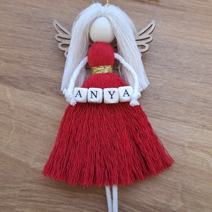 Makramé angyal, karácsonyfadísz, angyaldísz - ANYA (piros), Karácsony, Karácsonyi lakásdekoráció, Karácsonyfadíszek, Csomózás, MESKA