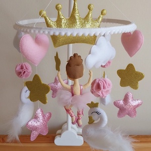 Rózsaszín álom balerinás, hattyús kiságyforgó kislánynak - Pink Crib Mobile for girl with swan and balerina   - játék & sport - 3 éves kor alattiaknak - kiságyforgó - Meska.hu