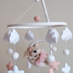 Jó éjszakát Kicsim! kislányos kiságyforgó pasztel színekkel, festett fehér bambusz karikával  - Meska.hu