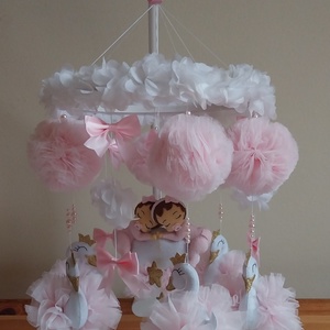 Kicsi Hercegnő csupa tüll, hattyús rózsaszín kiságyforgó iker kislányoknak angol stílusú koronával, Baba - mama, Baba játékok, Kiságyforgó, Hímzés, Varrás, MESKA