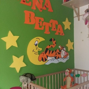 Gyerekszoba babaszoba fali dekoráció az ár tartalmaz egy 100x50cm holdat állatkával plusz 10db 20-25cm csillagot  - otthon & életmód - babaszoba, gyerekszoba - babaszoba dekoráció - Meska.hu