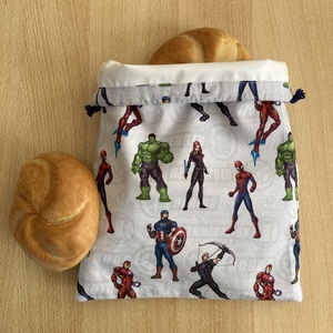 Marvel piknik, uzsonnás tasak, zsemletartó, kiflis zsák, pamutvászon frissentartó PUL béléssel - táska & tok - uzsonna- & ebéd tartó - ebéd tasak, doboz - Meska.hu