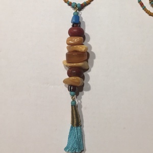 Borostyánfüggős türkiz rojtos nyaklánc  - ékszer - nyaklánc - bojtos nyaklánc - Meska.hu