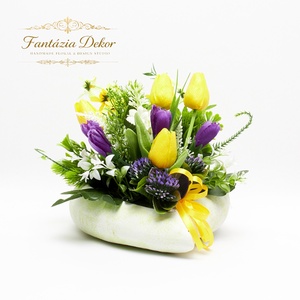 Tavaszi tulipános asztaldísz sárga-lila színekben � kézműves virágkompozíció, Otthon & Életmód, Dekoráció, Asztal és polc dekoráció, Asztaldísz, , MESKA