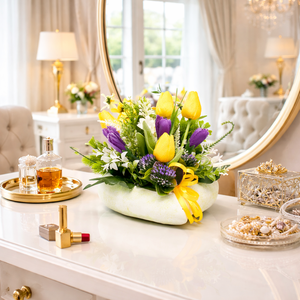 Tavaszi tulipános asztaldísz sárga-lila színekben � kézműves virágkompozíció - otthon & életmód - dekoráció - asztal és polc dekoráció - asztaldísz - Meska.hu