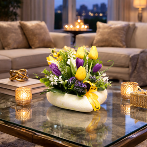 Tavaszi tulipános asztaldísz sárga-lila színekben � kézműves virágkompozíció - otthon & életmód - dekoráció - asztal és polc dekoráció - asztaldísz - Meska.hu