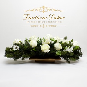 ? 3D fenyővel kombinált, fehér rózsás kegyeleti dísz ?, Otthon & Életmód, Vallás, Temetkezési tárgy, Sírdísz, kegyeleti dísz, , MESKA