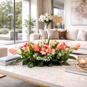 Elegáns tavaszi asztaldísz barack és fehér virágokkal � modern, kézzel készített dekor - otthon & életmód - dekoráció - asztal és polc dekoráció - asztaldísz - Meska.hu