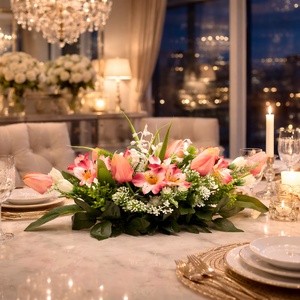 Elegáns tavaszi asztaldísz barack és fehér virágokkal � modern, kézzel készített dekor - otthon & életmód - dekoráció - asztal és polc dekoráció - asztaldísz - Meska.hu