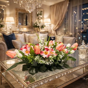 Elegáns tavaszi asztaldísz barack és fehér virágokkal � modern, kézzel készített dekor - otthon & életmód - dekoráció - asztal és polc dekoráció - asztaldísz - Meska.hu