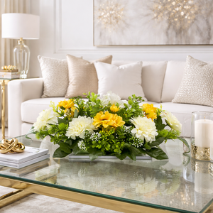  Vidám tavaszi asztaldísz sárga-fehér virágokkal fatalpon � üde, kézműves dekor - otthon & életmód - dekoráció - asztal és polc dekoráció - asztaldísz - Meska.hu