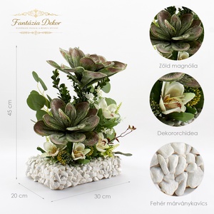 Zöld magnóliás virágkompozíció dekororchideával, saját készítésű márványkavicsos alapon � 45 cm - otthon & életmód - virágdekoráció - virágdíszek - asztali virágdísz - Meska.hu