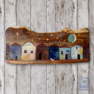 Holdvilág- Rusztikus Fatábla, Ajándék ötlet - Egyedi Falidísz - Gyerekszoba - Mese, Város, Cica, Macska, Hold - otthon & életmód - dekoráció - dísztárgy - Meska.hu