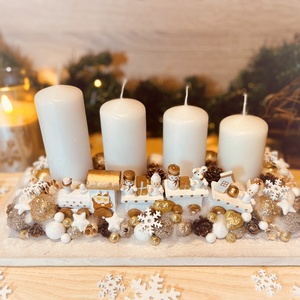 Fehér-arany kisvonatos tálas adventi asztaldísz - Meska.hu