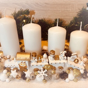 Fehér-arany kisvonatos tálas adventi asztaldísz - karácsony - adventi díszek - adventi asztaldísz - Meska.hu