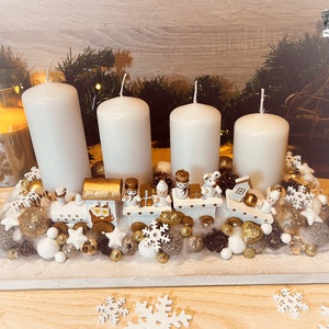 Fehér-arany kisvonatos tálas adventi asztaldísz - karácsony - adventi díszek - adventi asztaldísz - Meska.hu