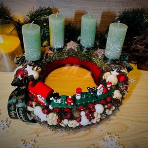 Kötött alapú kisvonatos adventi koszorú  - karácsony - adventi díszek - adventi koszorú - Meska.hu
