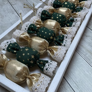 Textil szaloncukor /szett: 10 db/, Karácsony, Karácsonyi lakásdekoráció, Karácsonyfadíszek, Varrás, MESKA